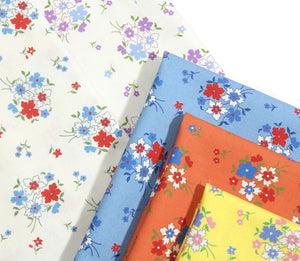 Feedsack Style Fabric - Byhands Wild Flower Feedsack Color Printed Fabric - Blue Red (FL04-009)