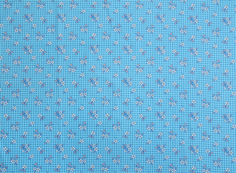 Feedsack Style Fabric - Byhands Checkered Flower Feedsack Color Printed Fabric - Blue (FS-01)