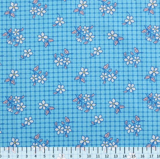 Feedsack Style Fabric - Byhands Checkered Flower Feedsack Color Printed Fabric - Blue (FS-01)