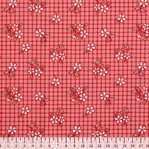 Feedsack Style Fabric - Byhands Checkered Flower Feedsack Color Printed Fabric - Red (FS-01)