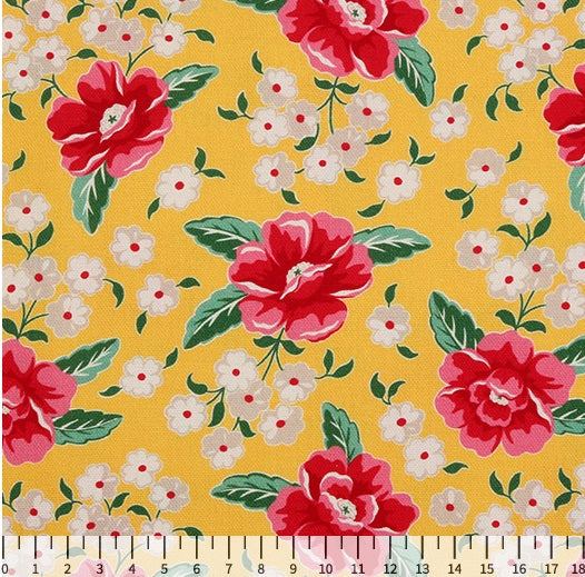 Feedsack Style Fabric - Byhands Peony Feedsack Color Printed Fabric, Oxford Series, 58" Wide - Yellow (FS-04)